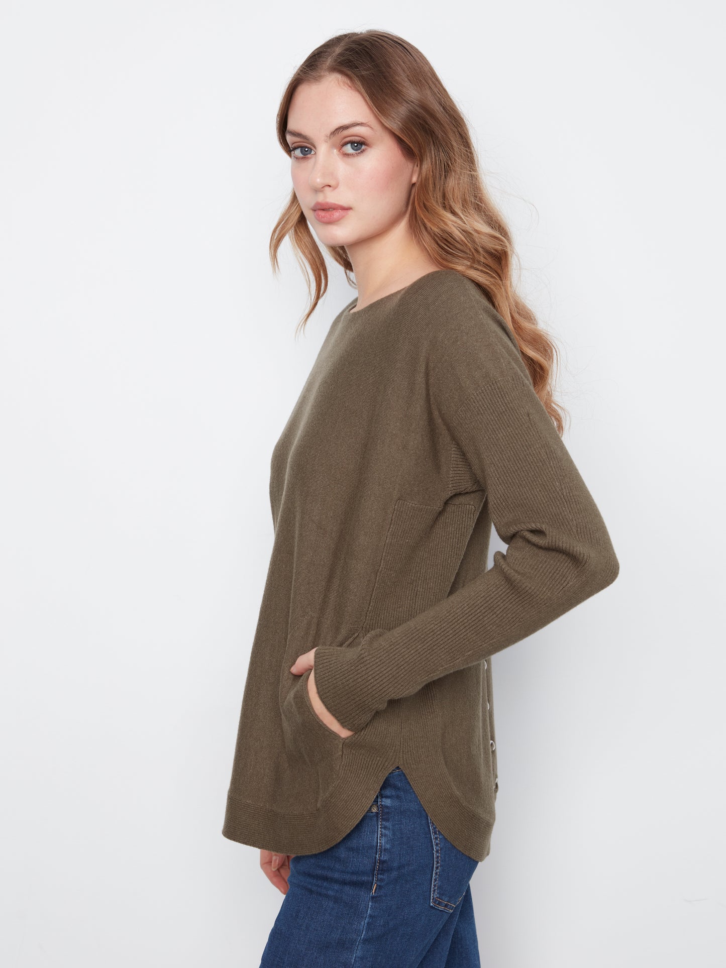 CB Boatneck Sweater Eyelet Detail