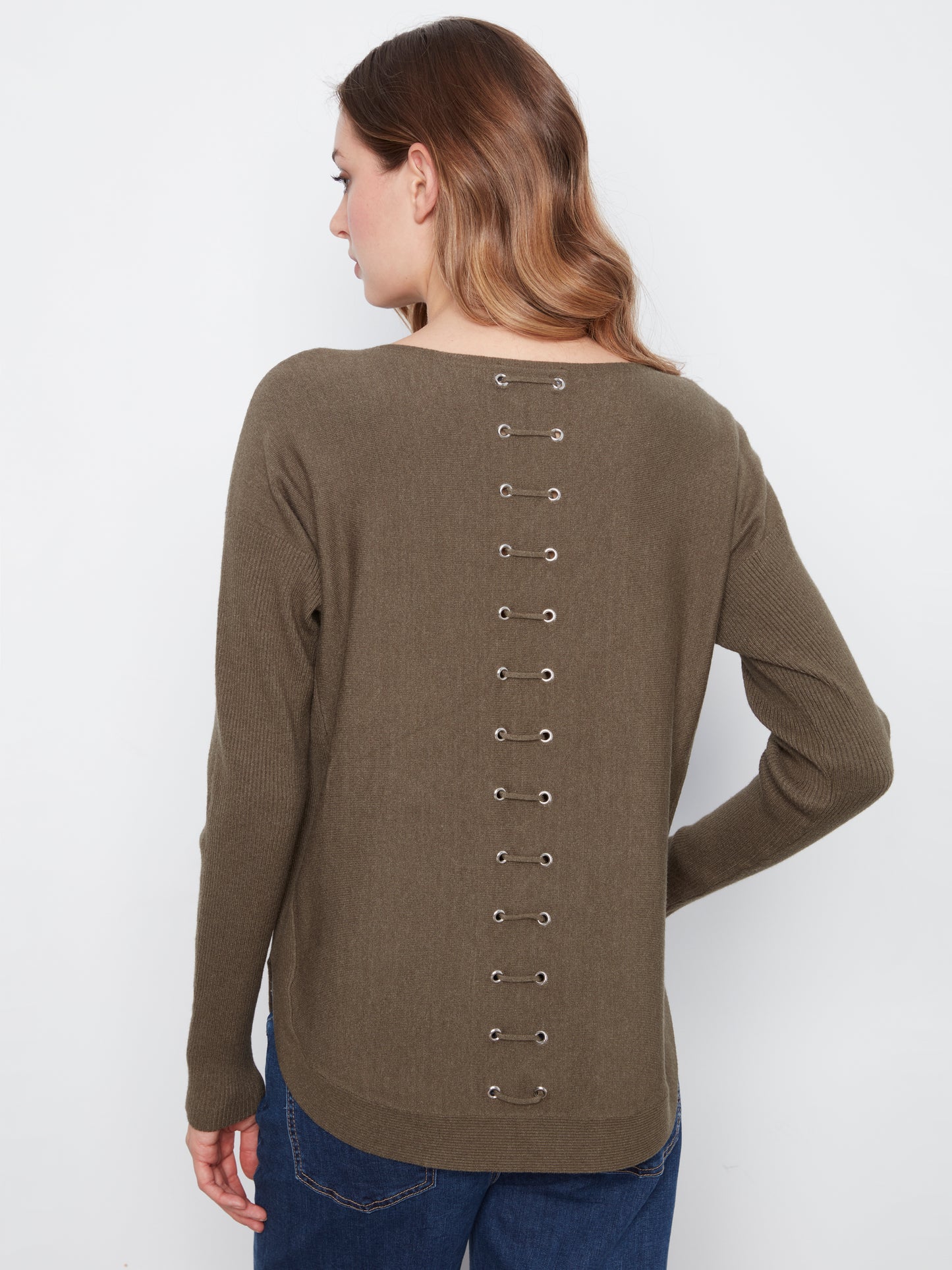 CB Boatneck Sweater Eyelet Detail