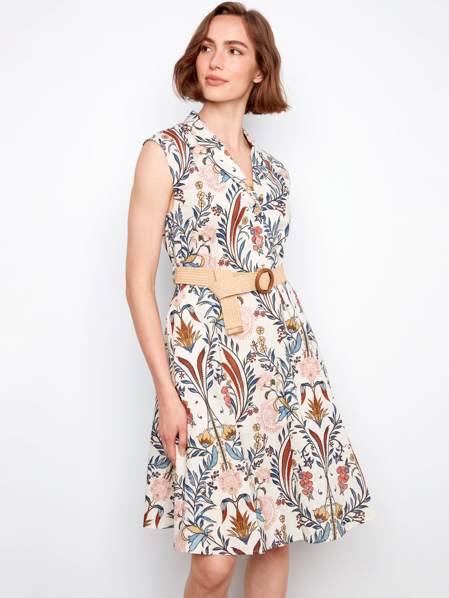 CB Printed Linen Cap Slv Dress