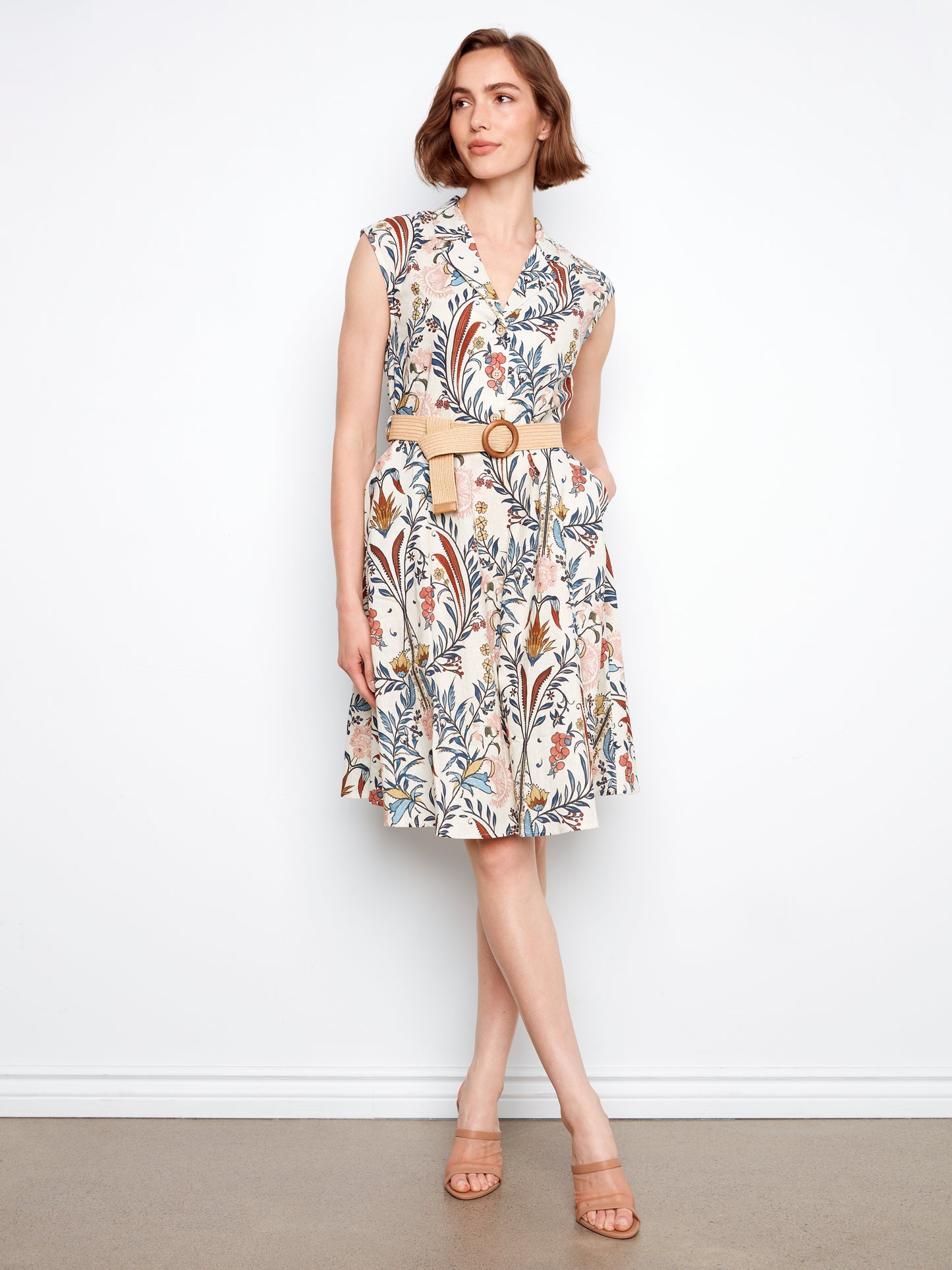 CB Printed Linen Cap Slv Dress