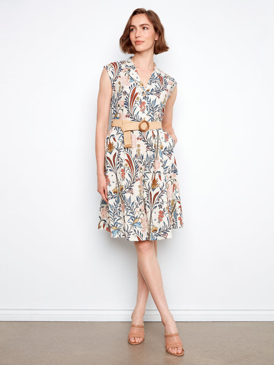CB Printed Linen Cap Slv Dress