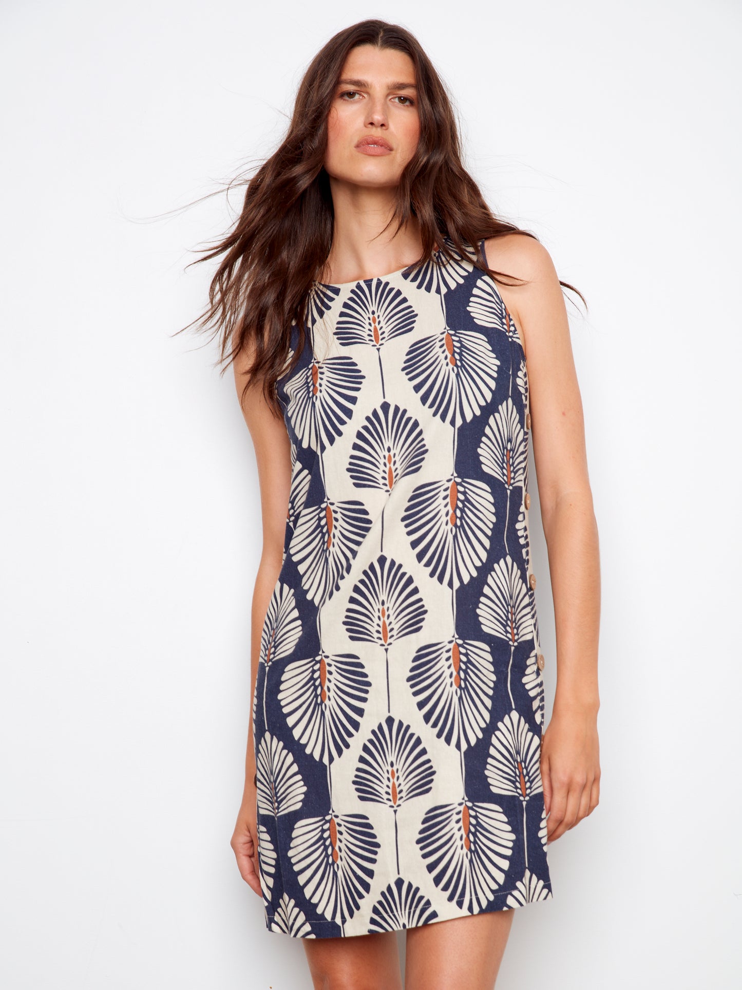CB Printed Slvless Dress W/Side Button Detail