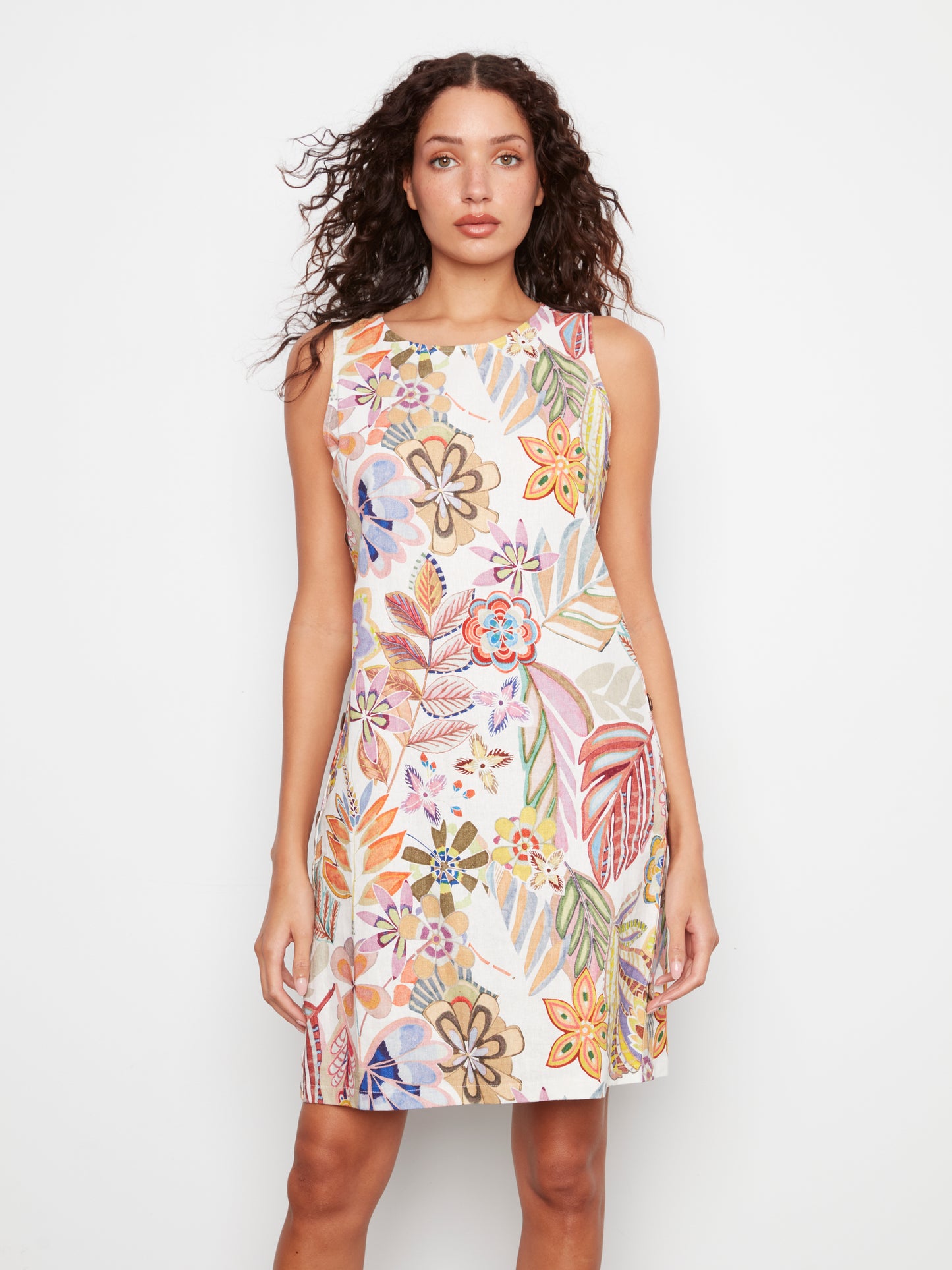 CB Printed Slvless Dress W/Side Button Detail