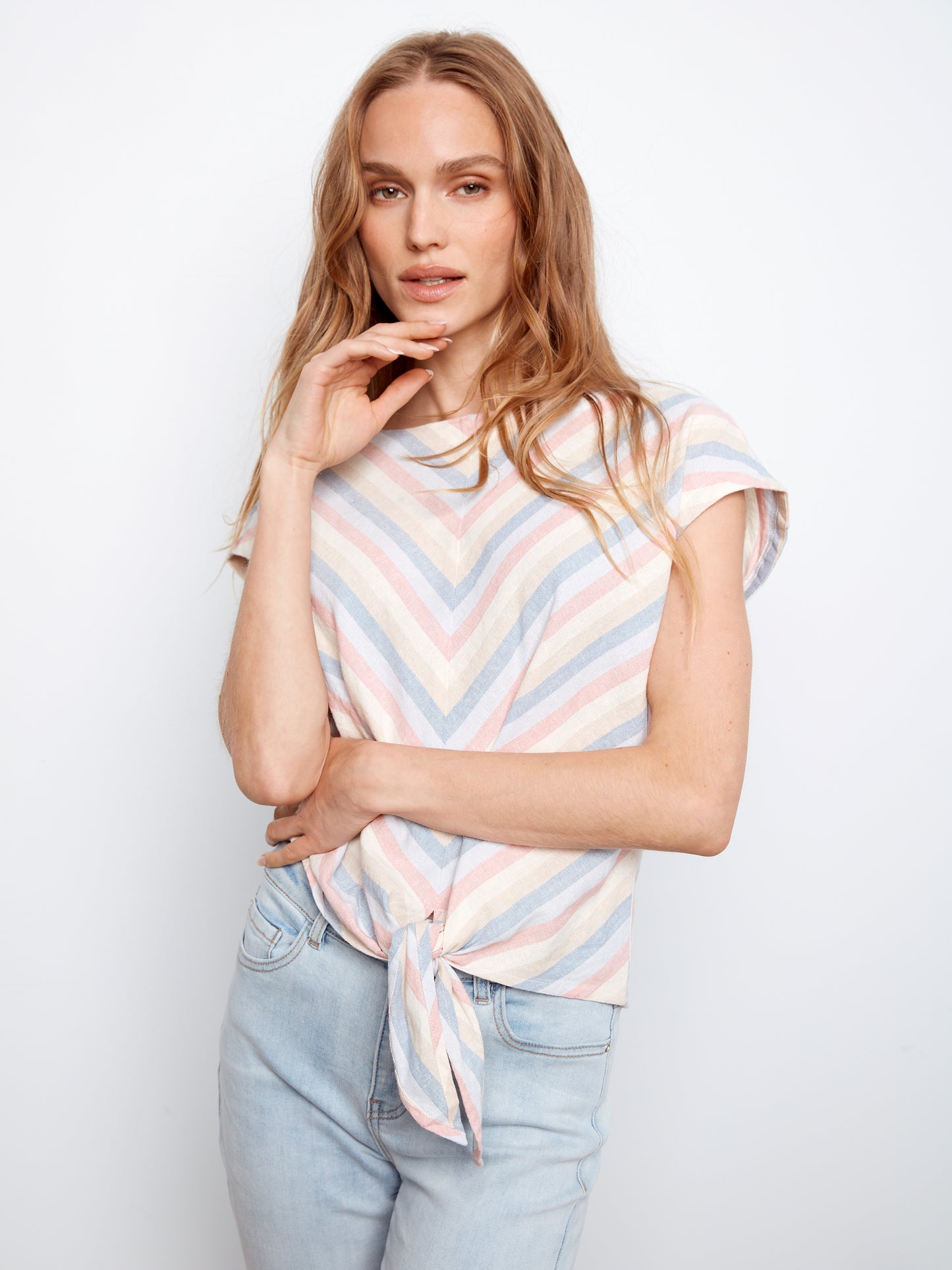 CB Stripe Linen Front-Tie Top