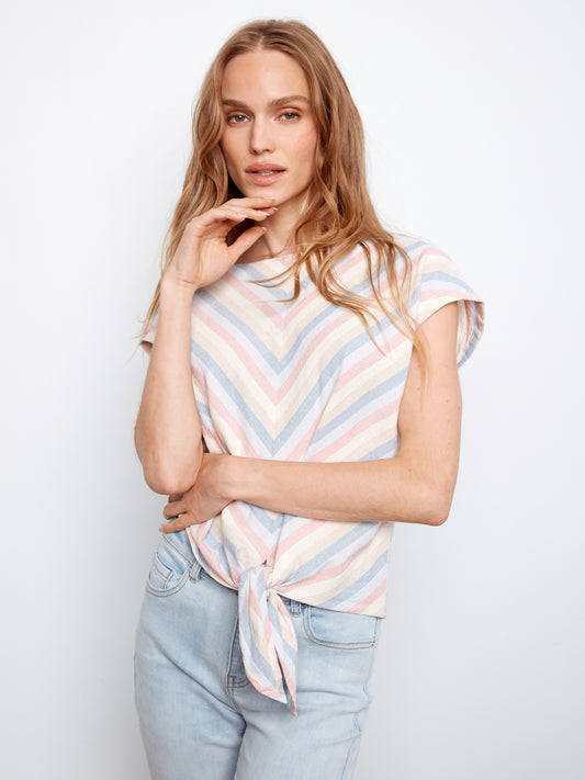 CB Stripe Linen Front-Tie Top