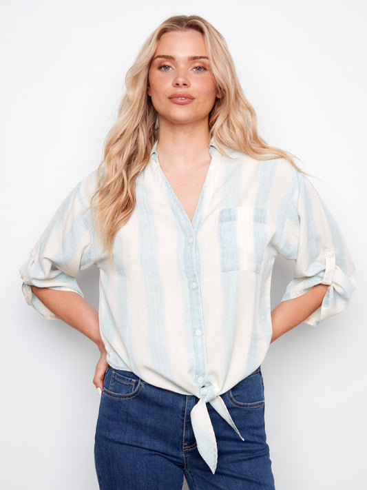 CB 3/4 Roll Up Slvs Striped Blouse