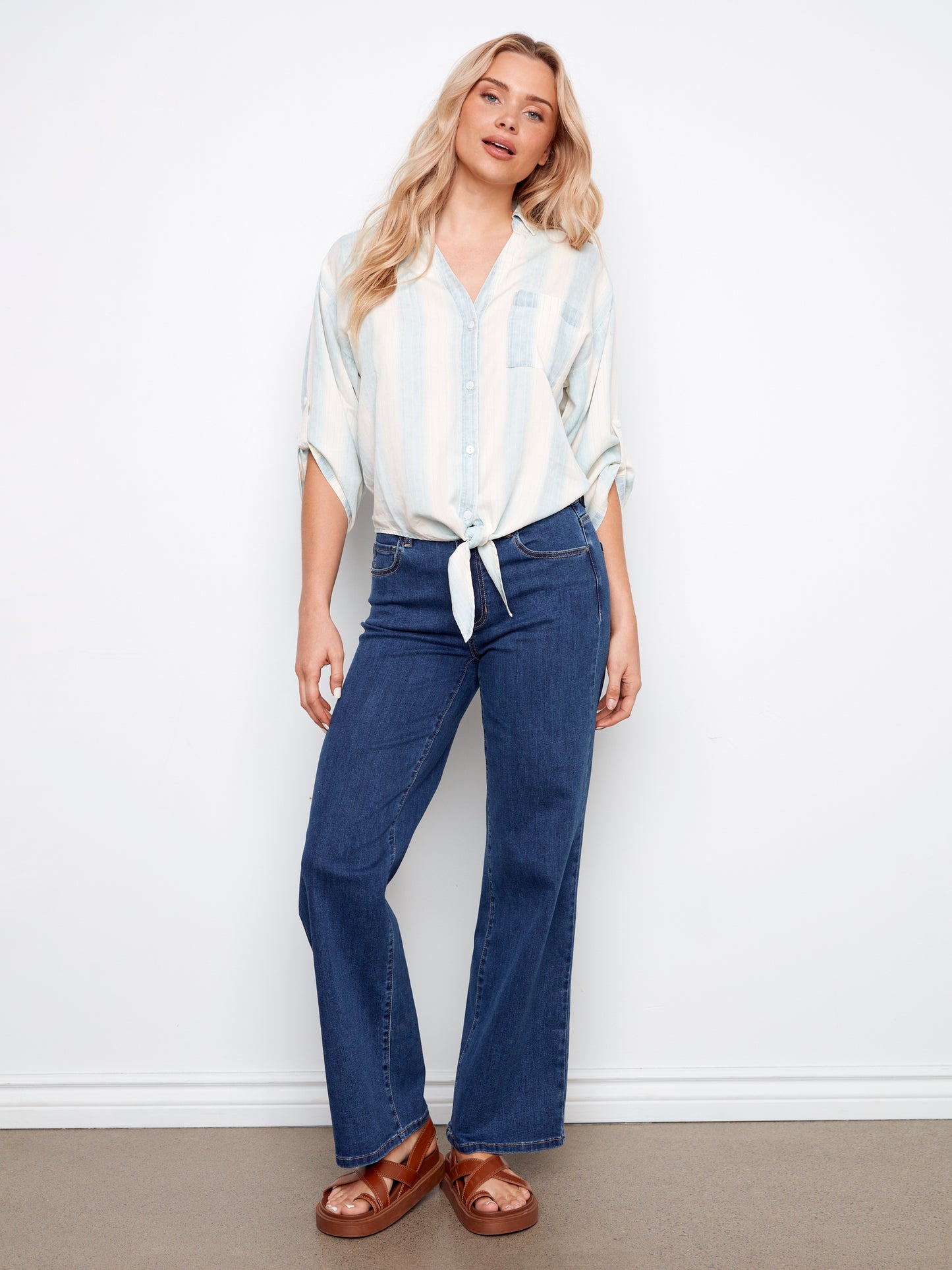 CB 3/4 Roll Up Slvs Striped Blouse