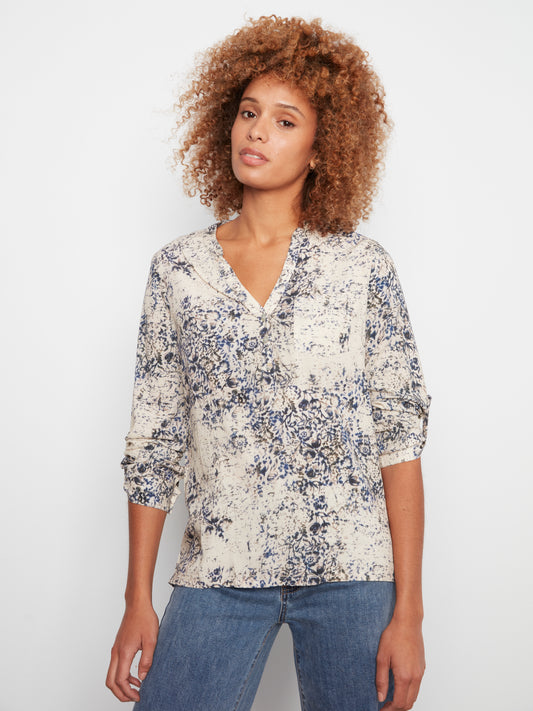 CB Printed Blouse W/Role Up Sl