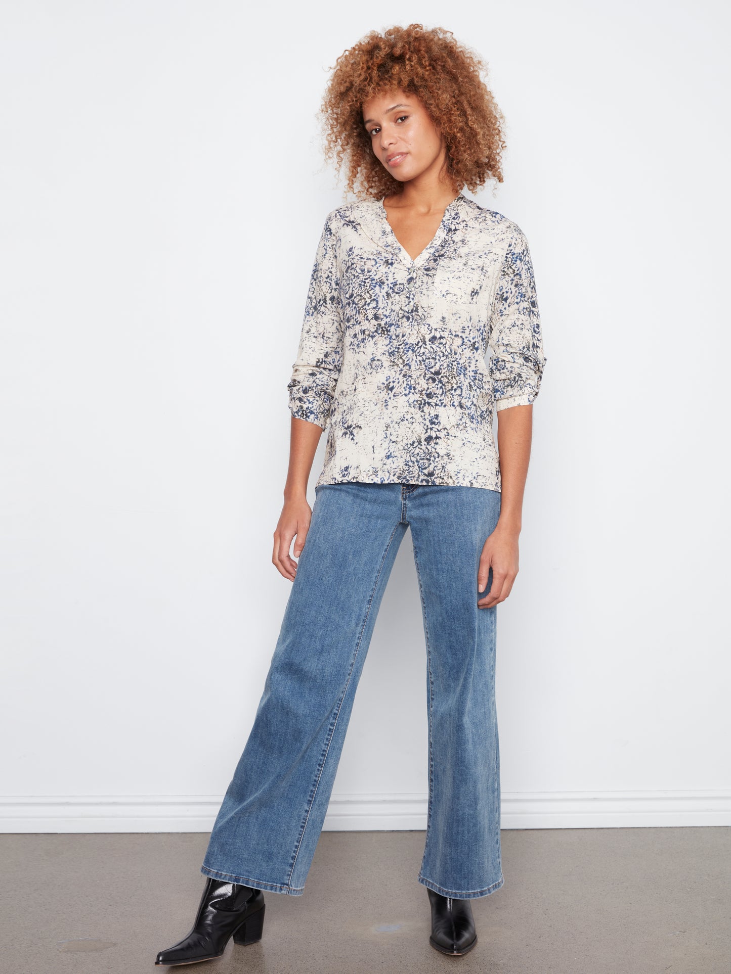CB Printed Blouse W/Role Up Sl