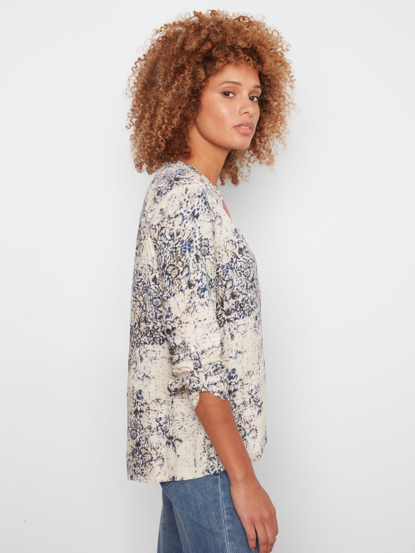 CB Printed Blouse W/Role Up Sl