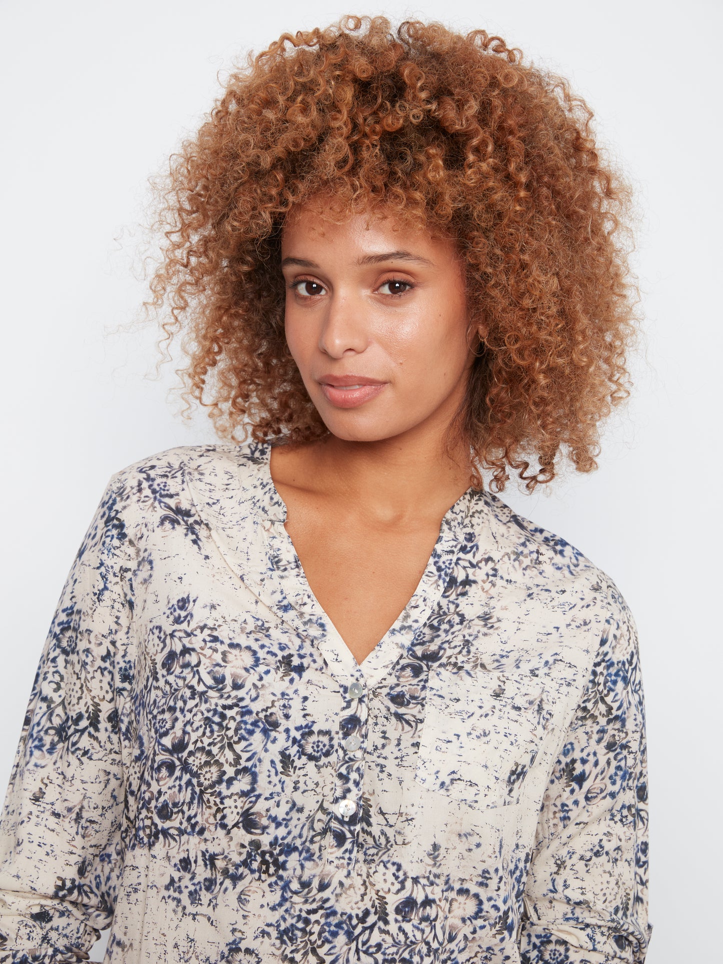 CB Printed Blouse W/Role Up Sl